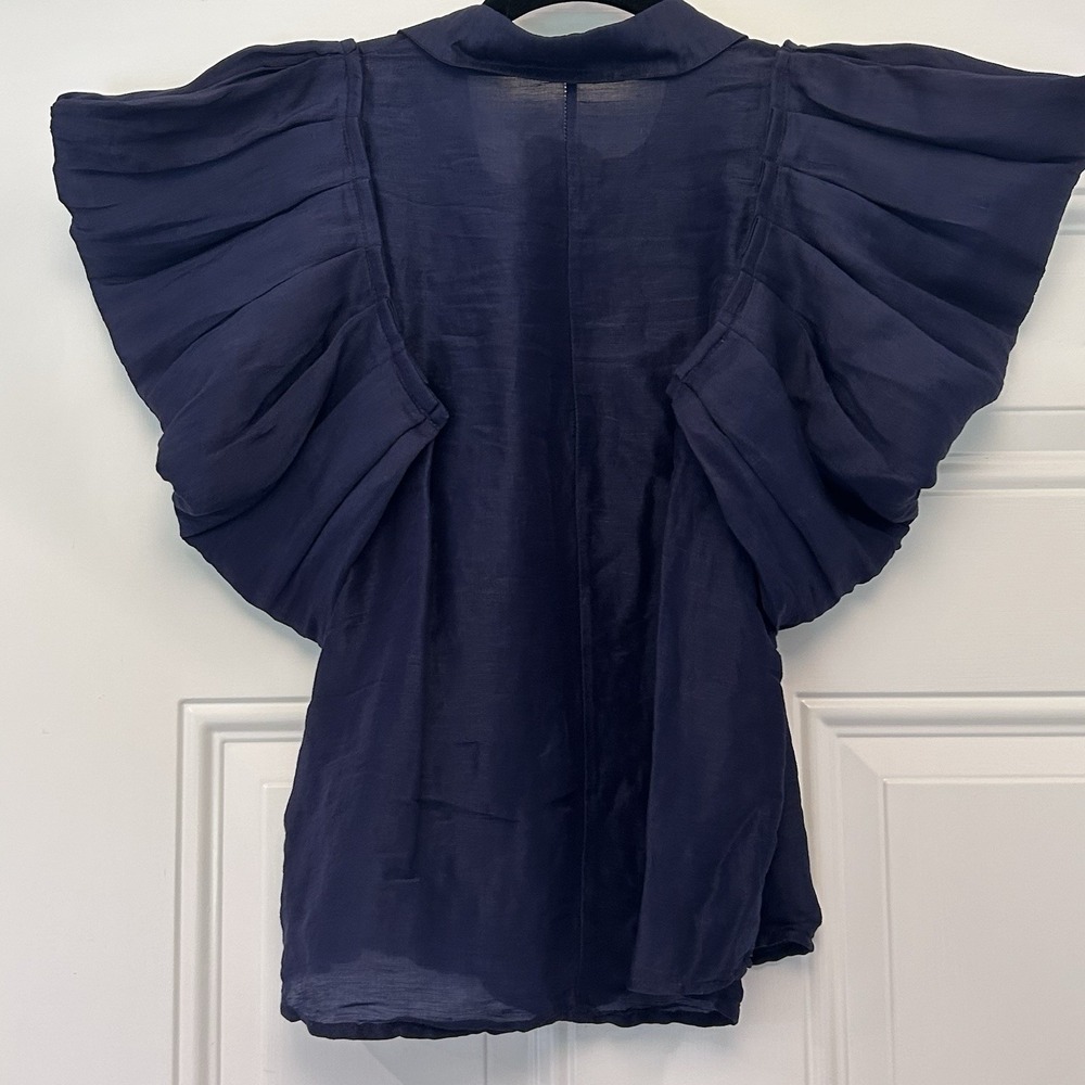 Aureta Studio Stella Blouse S Navy Blue Linen Silk Puff Sleeves Top Luxury Drama - Picture 5 of 13